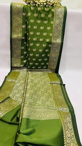 Semi Katan Saree, Olive Green, Festive, Traditional Indian Wear - Saree - Aakritee - S10613